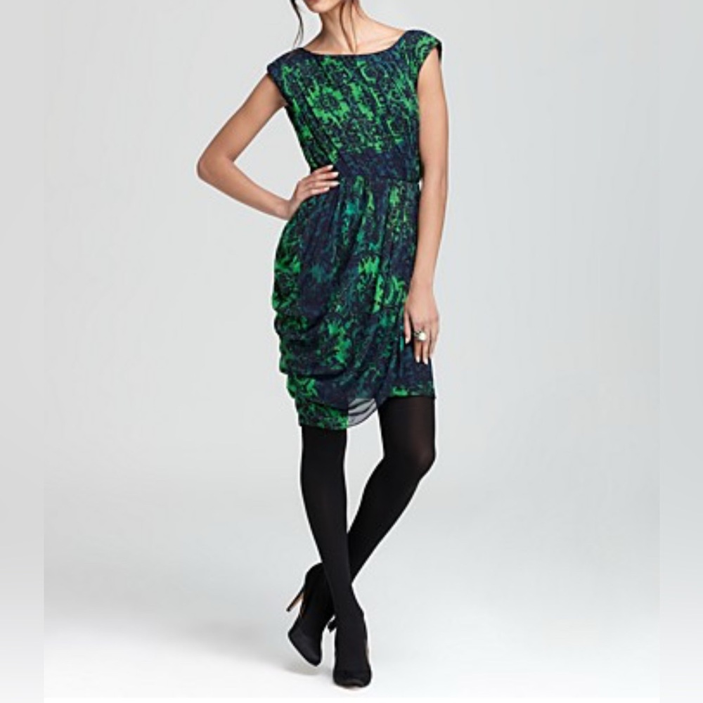 Alice + Olivia Beckett Green and Blue Printed Silk Gathered Dress Size 0